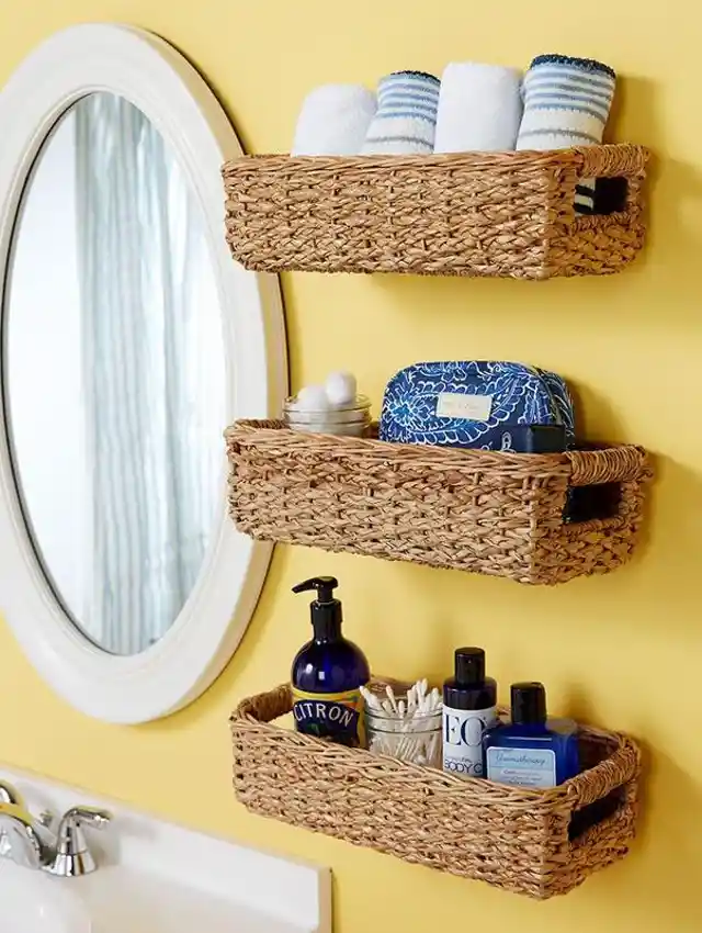 Turn Baskets into Bathroom Shelves