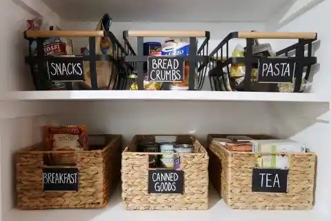 Storage Baskets And Shoe Boxes As Pantry Organizers